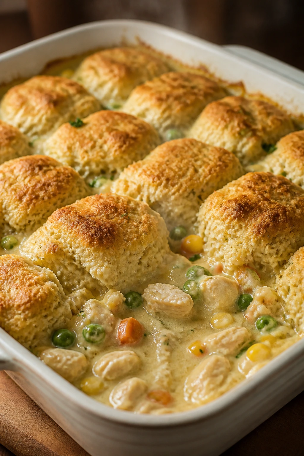 Chicken pot pie casserole with biscuit topping in baking dish