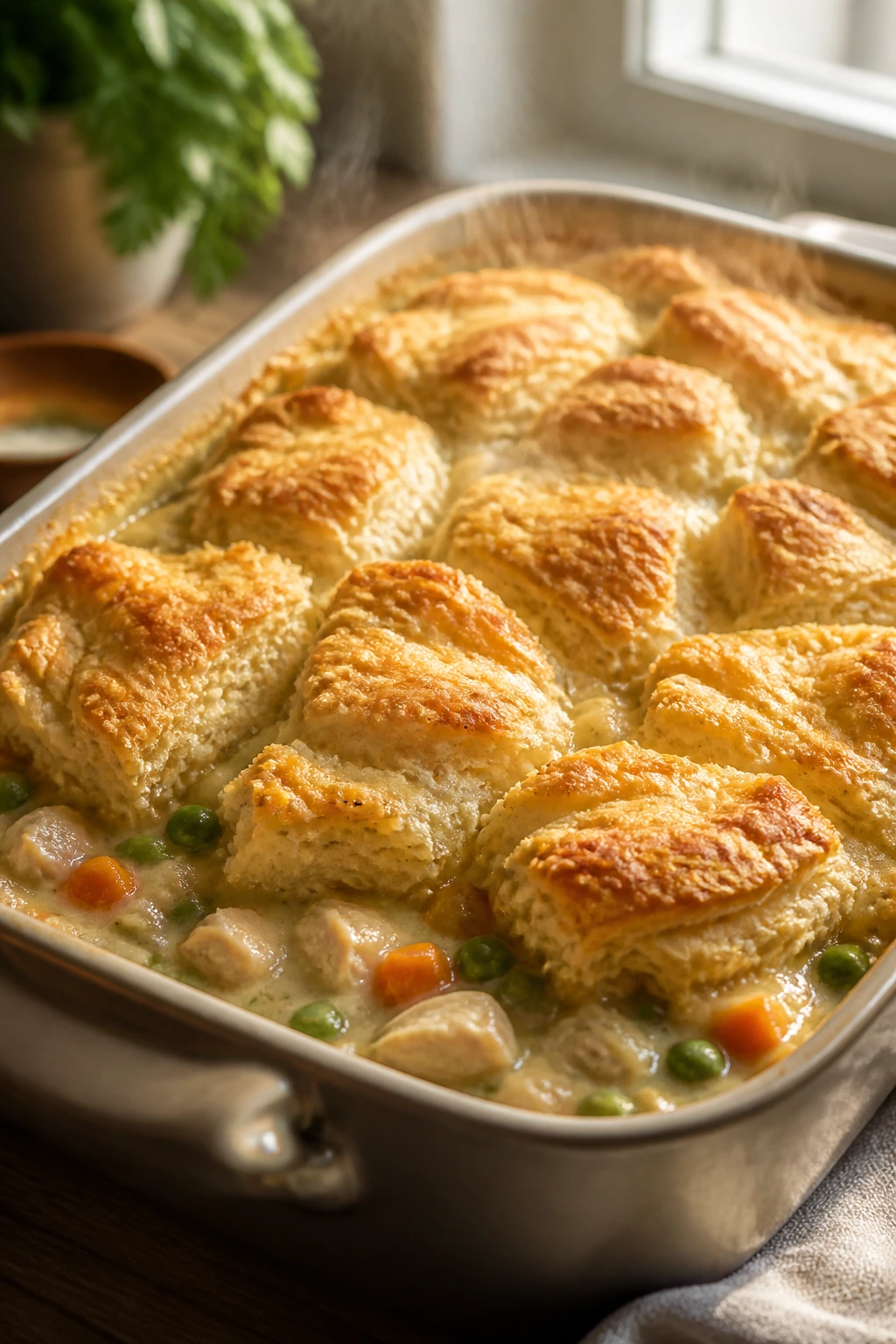 Creamy chicken pot pie casserole in a baking dish