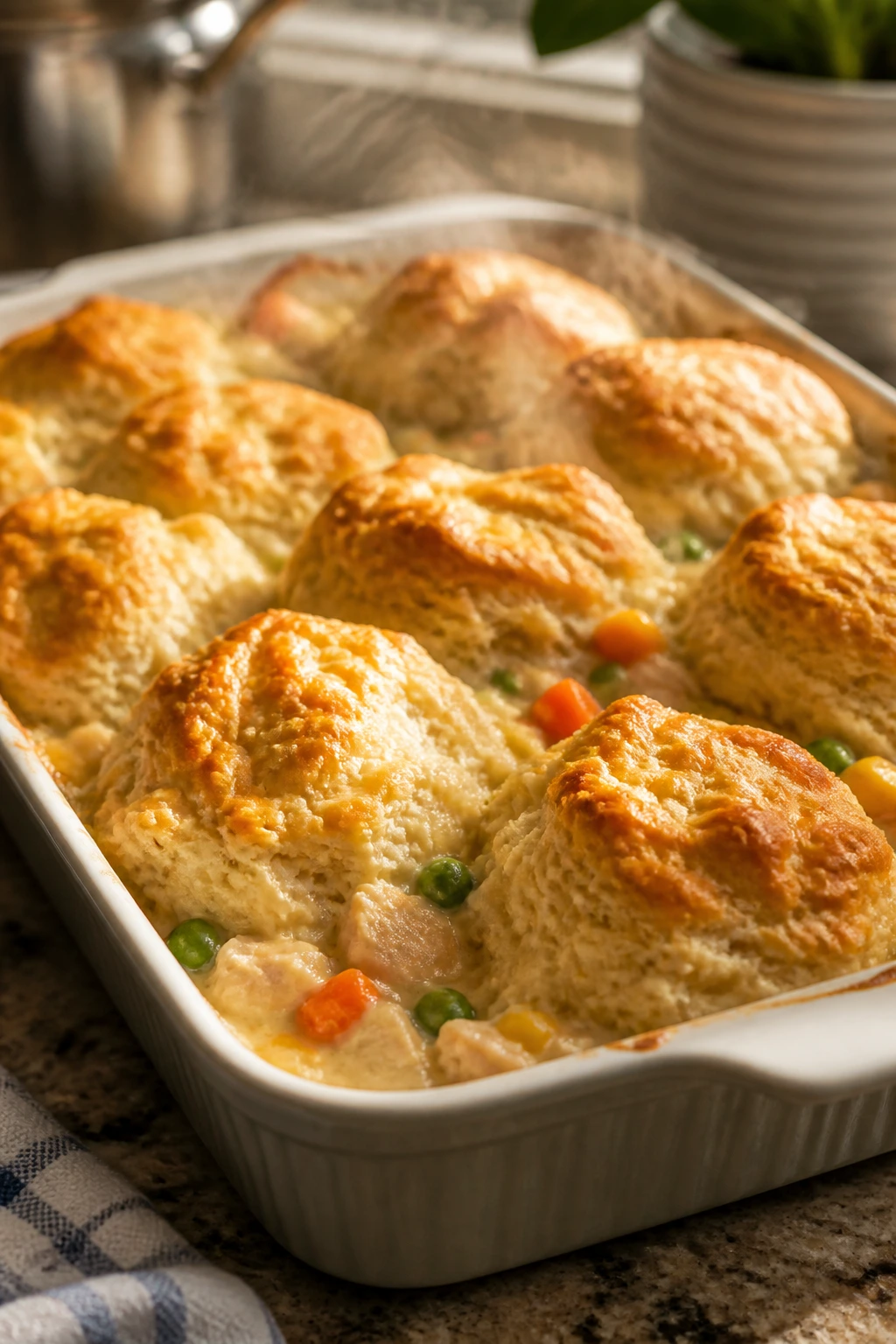 Golden biscuit-topped chicken pot pie casserole.