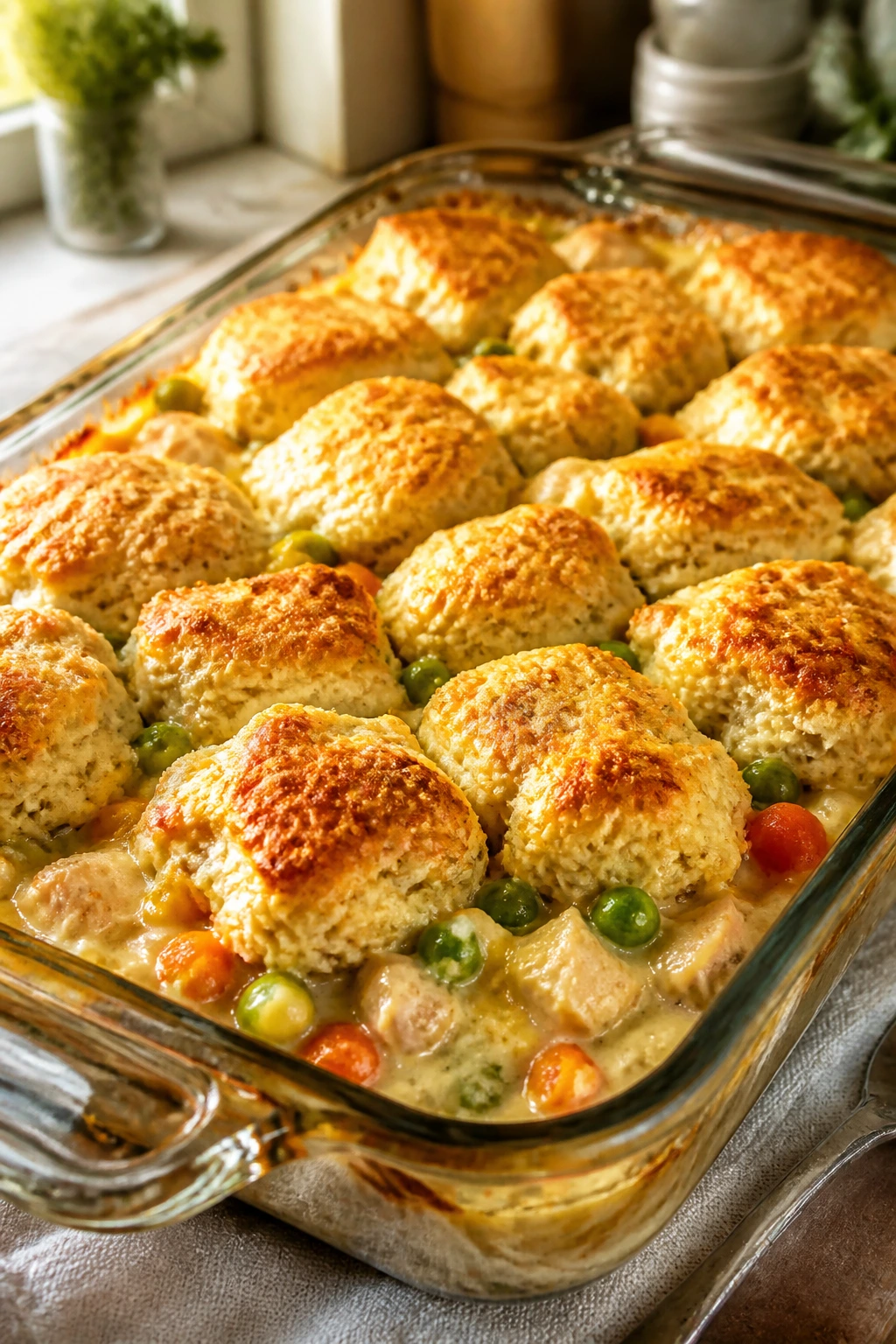 Close-up of bubbling chicken pot pie casserole with golden biscuit topping in a glass dish on a warm kitchen counter