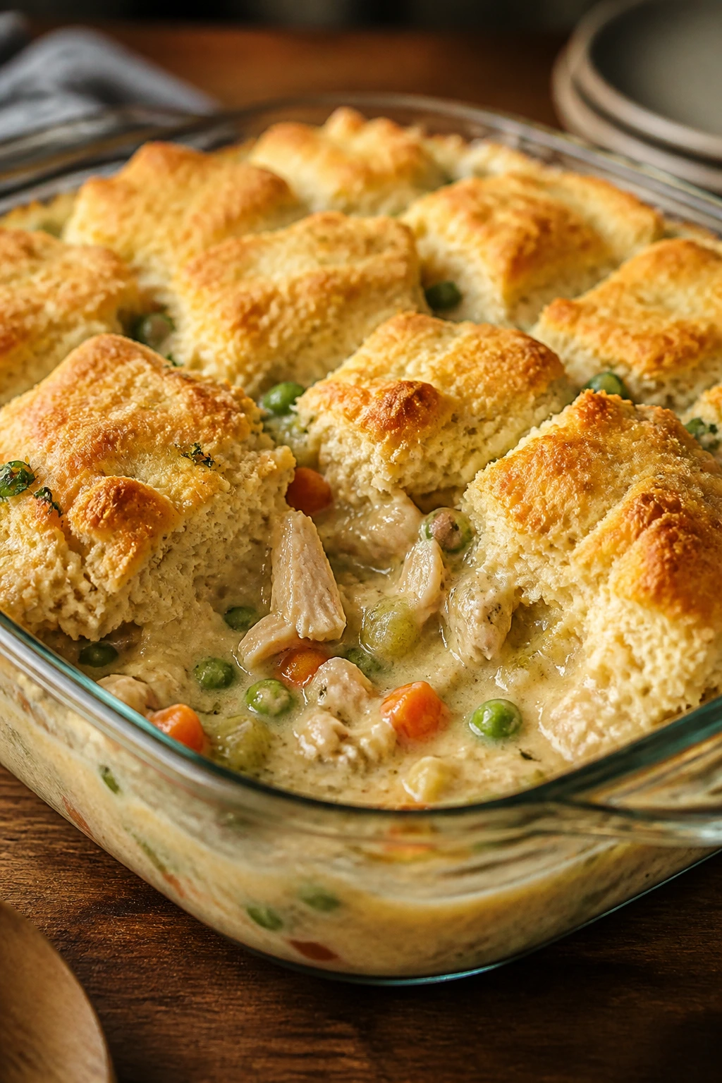 Creamy chicken pot pie casserole in a glass dish on a wooden table