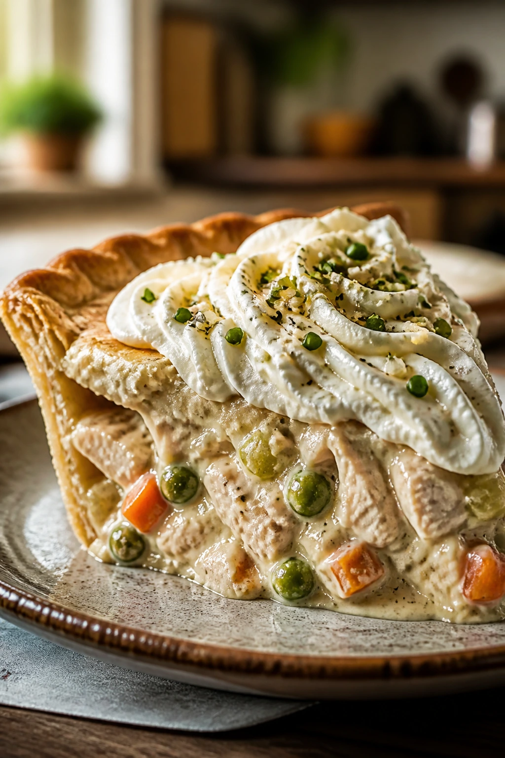 Close-up of a rich chicken pot pie slice with cream cheese frosting on a rustic plate