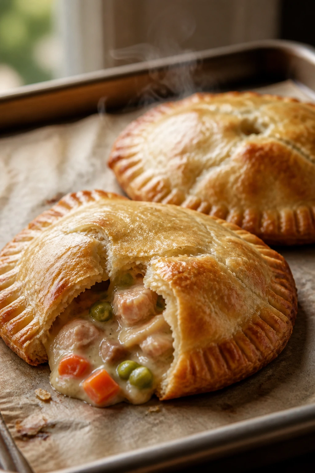Golden chicken pot pie hand pies on parchment.