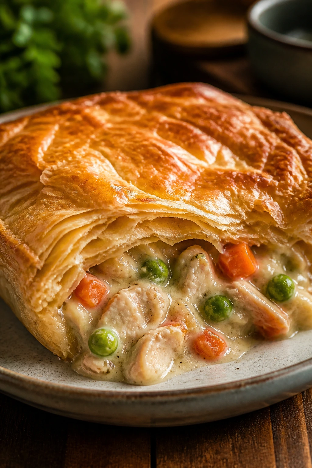 Steaming pot pie with puff pastry crust on a rustic plate