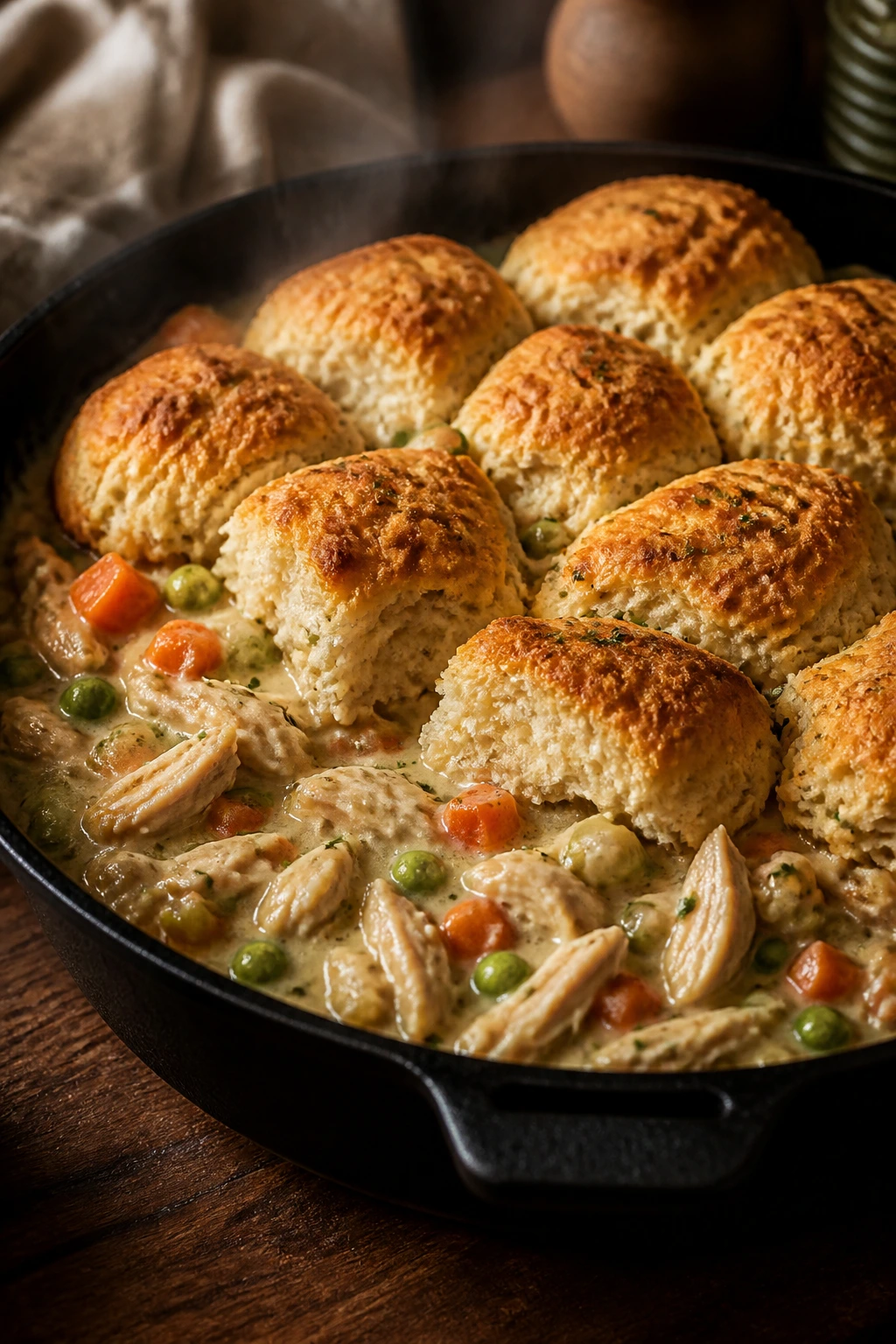 Close-up of chicken pot pie skillet with biscuit topping and creamy filling in a warm kitchen