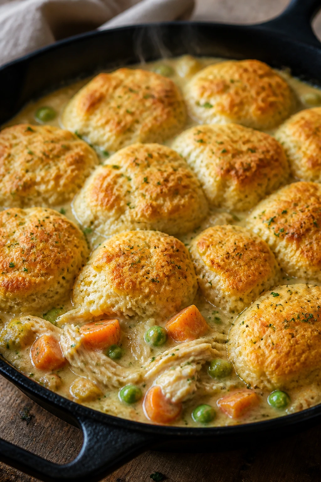 Creamy chicken pot pie skillet with biscuit topping in a kitchen