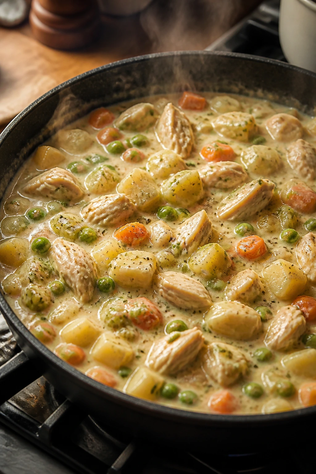 Close-up of creamy chicken pot pie filling in a skillet