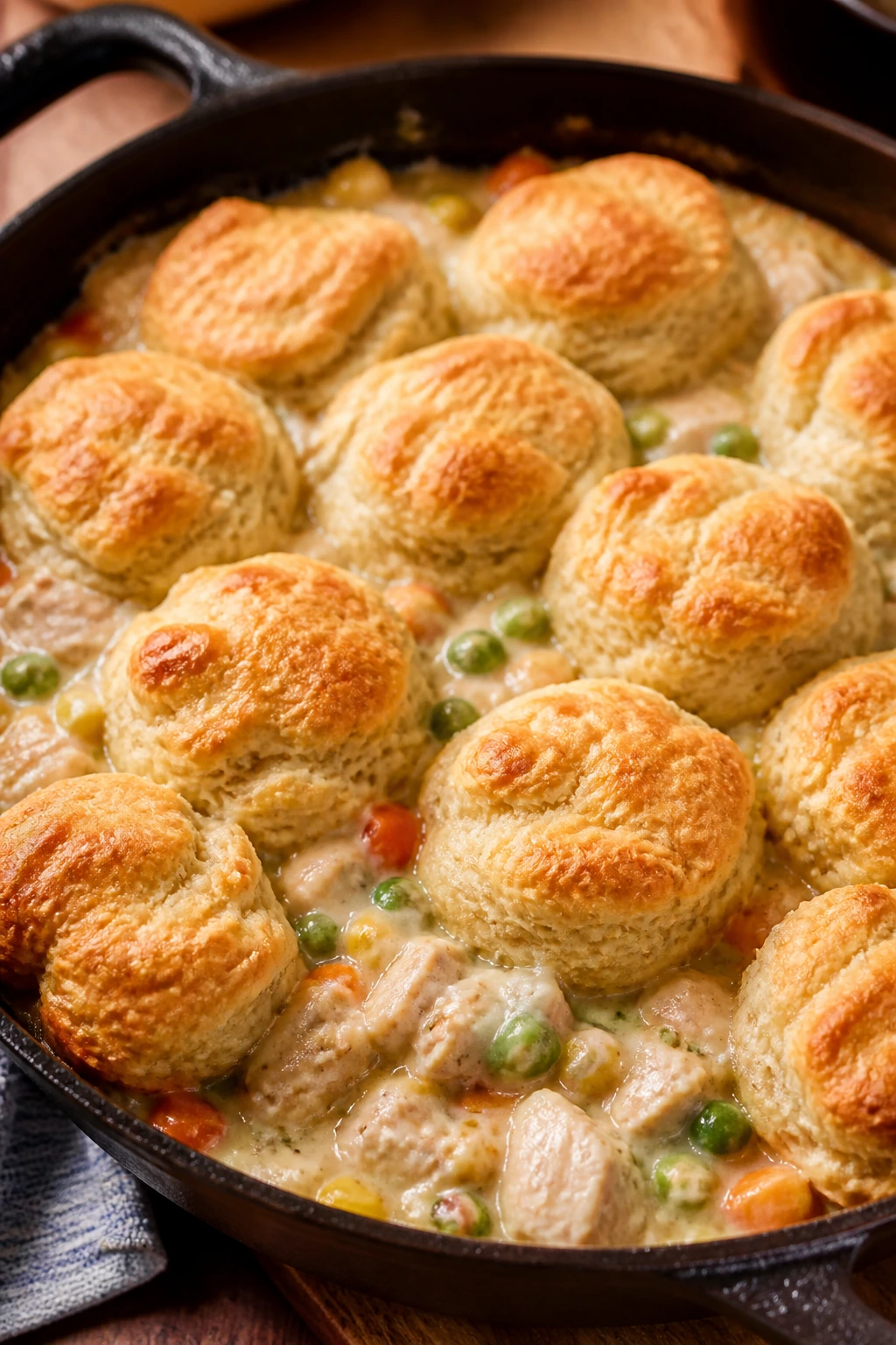 Close-up of mini chicken pot pie biscuit skillet with golden biscuits