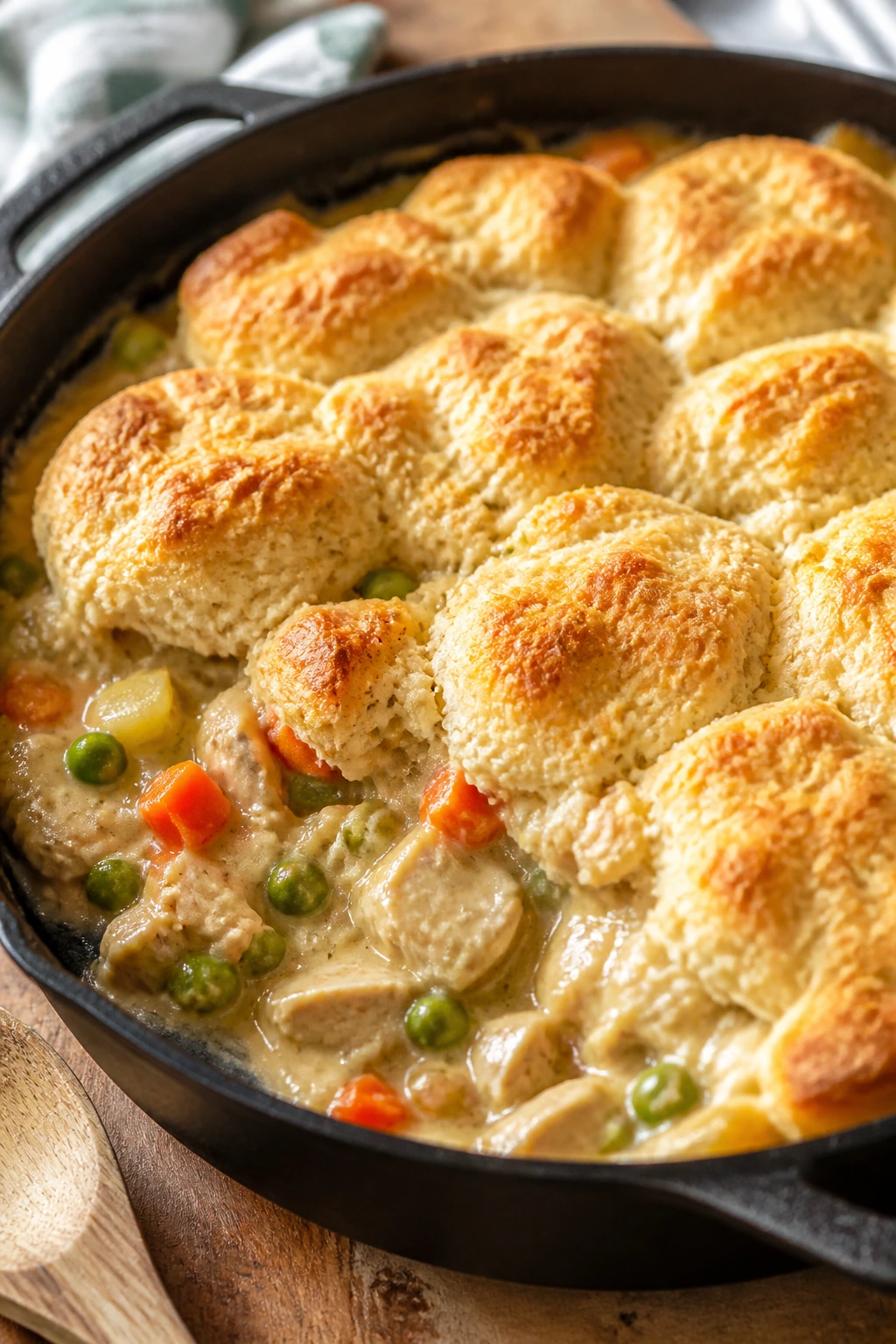 Skillet filled with creamy chicken pot pie filling and a golden biscuit top