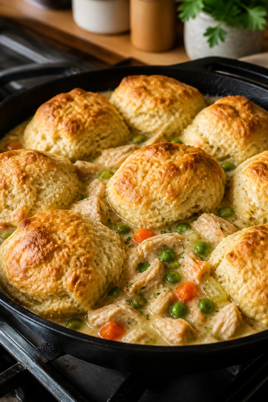 Skillet with creamy chicken pot pie filling and golden biscuit topping