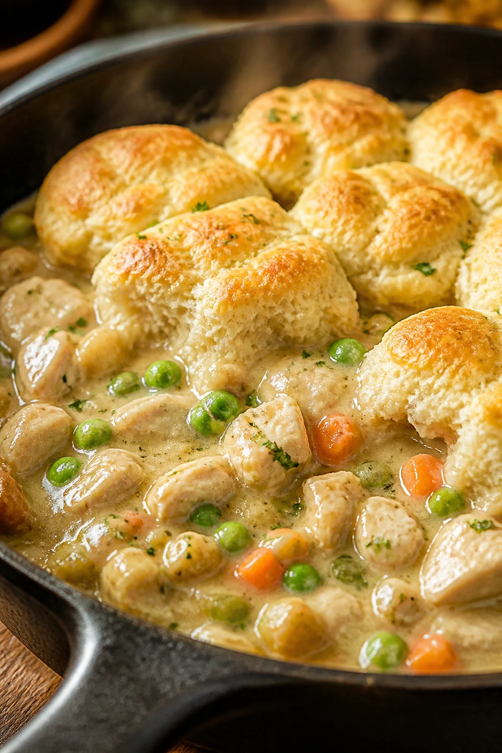Creamy cauliflower-pot pie skillet with chicken and peas and a biscuit crust topping