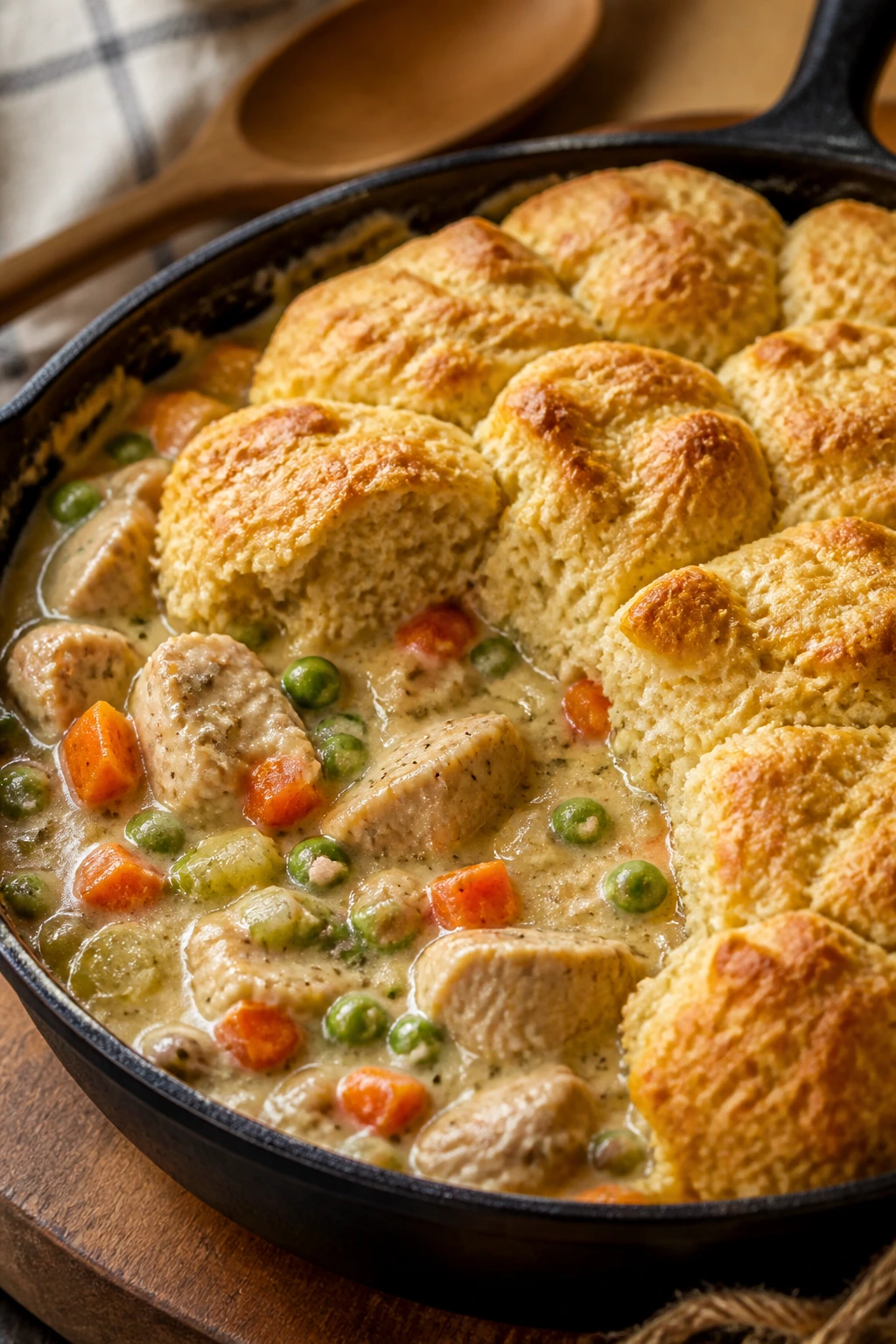 Creamy chicken pot pie filling in a skillet with biscuit topping in a cozy kitchen