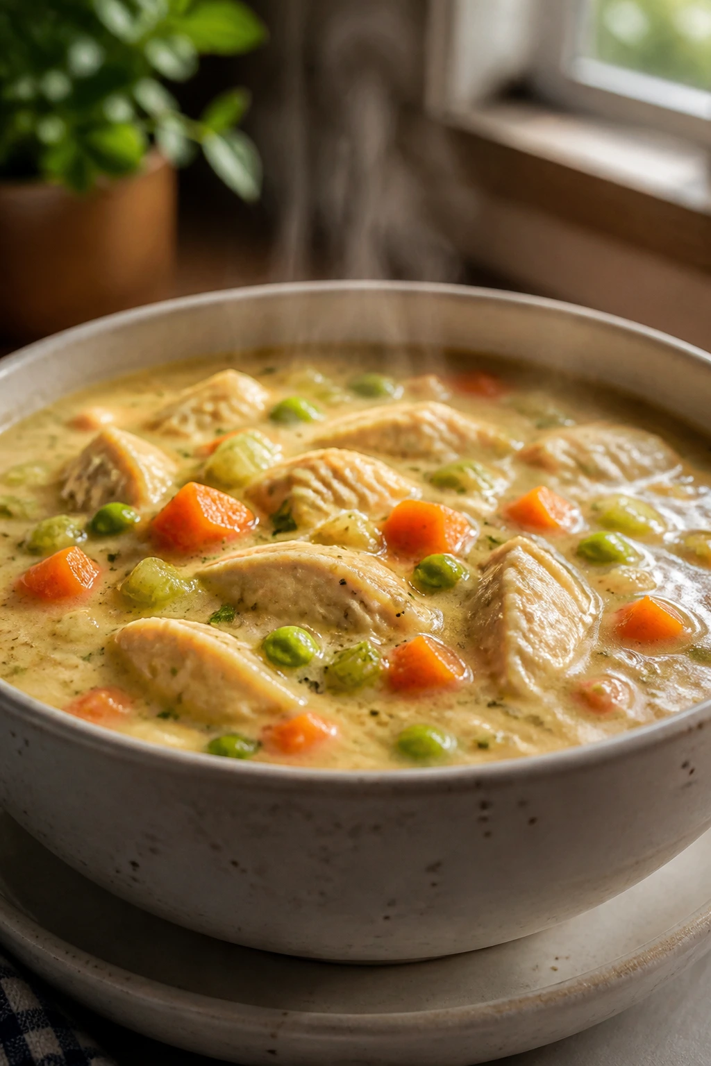 Creamy chicken pot pie soup with vegetables in bowl.