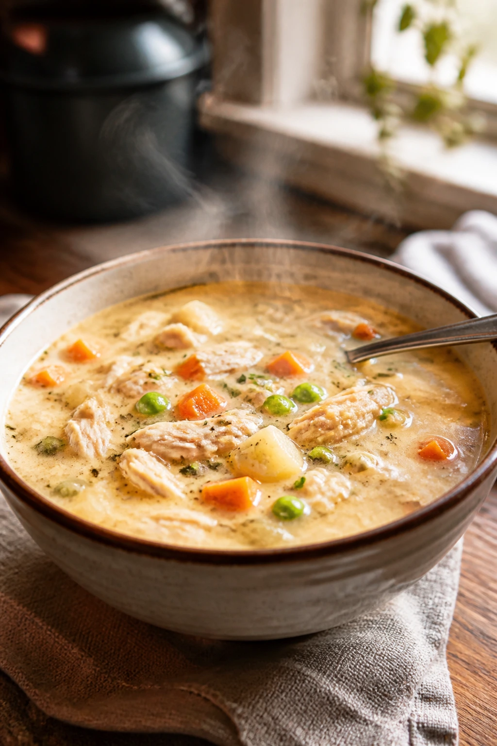 Creamy Chicken Pot Pie Soup with chicken and vegetables.