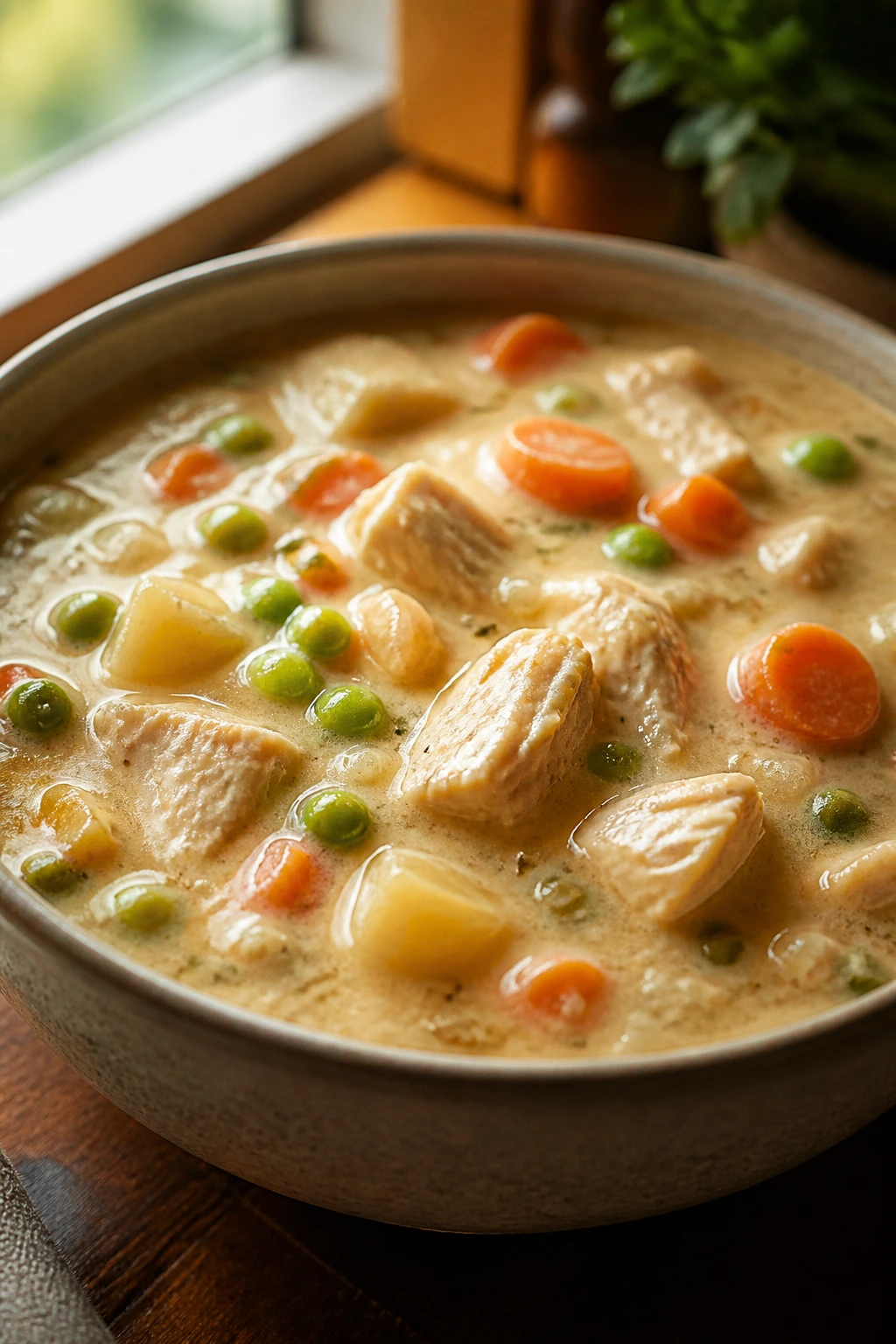 Close-up of creamy chicken pot pie soup with chicken and vegetables in a bowl