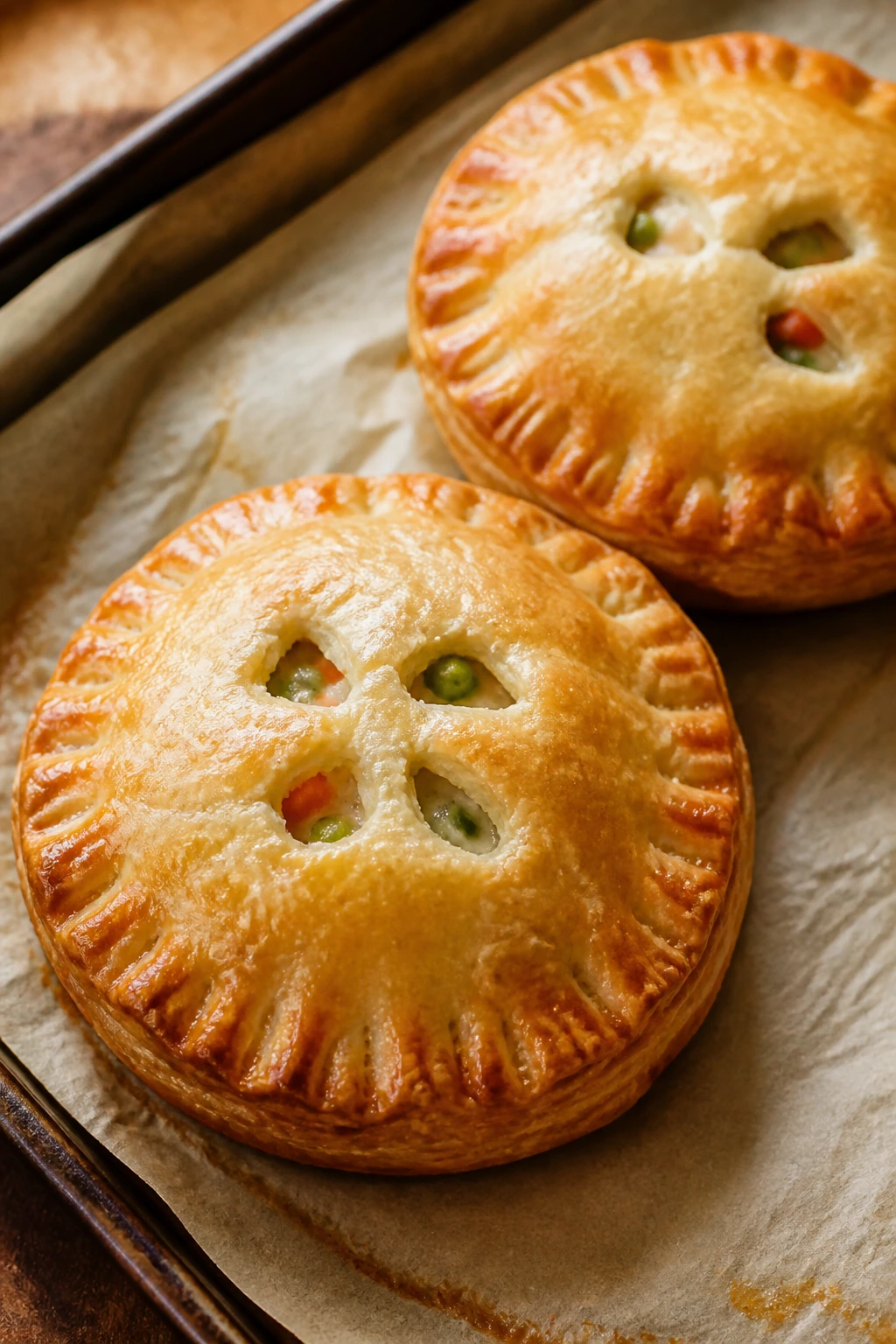 Close-up of mini chicken pot pie hand pies on parchment