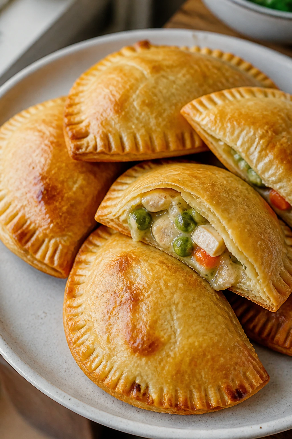Plate of golden chicken pot pie hand pies