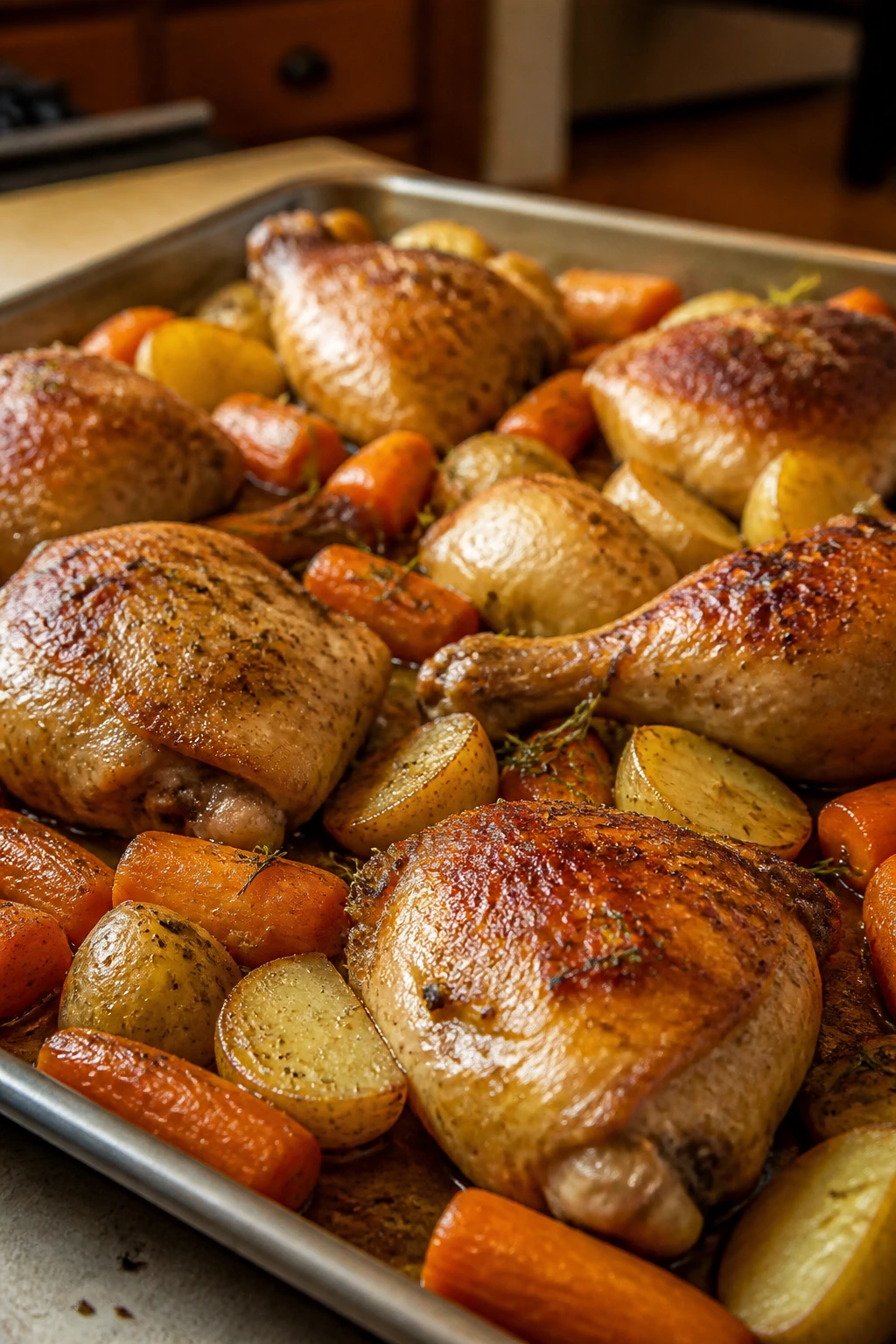 Close-up of chicken thighs and drumsticks with potatoes and carrots on a baking tray