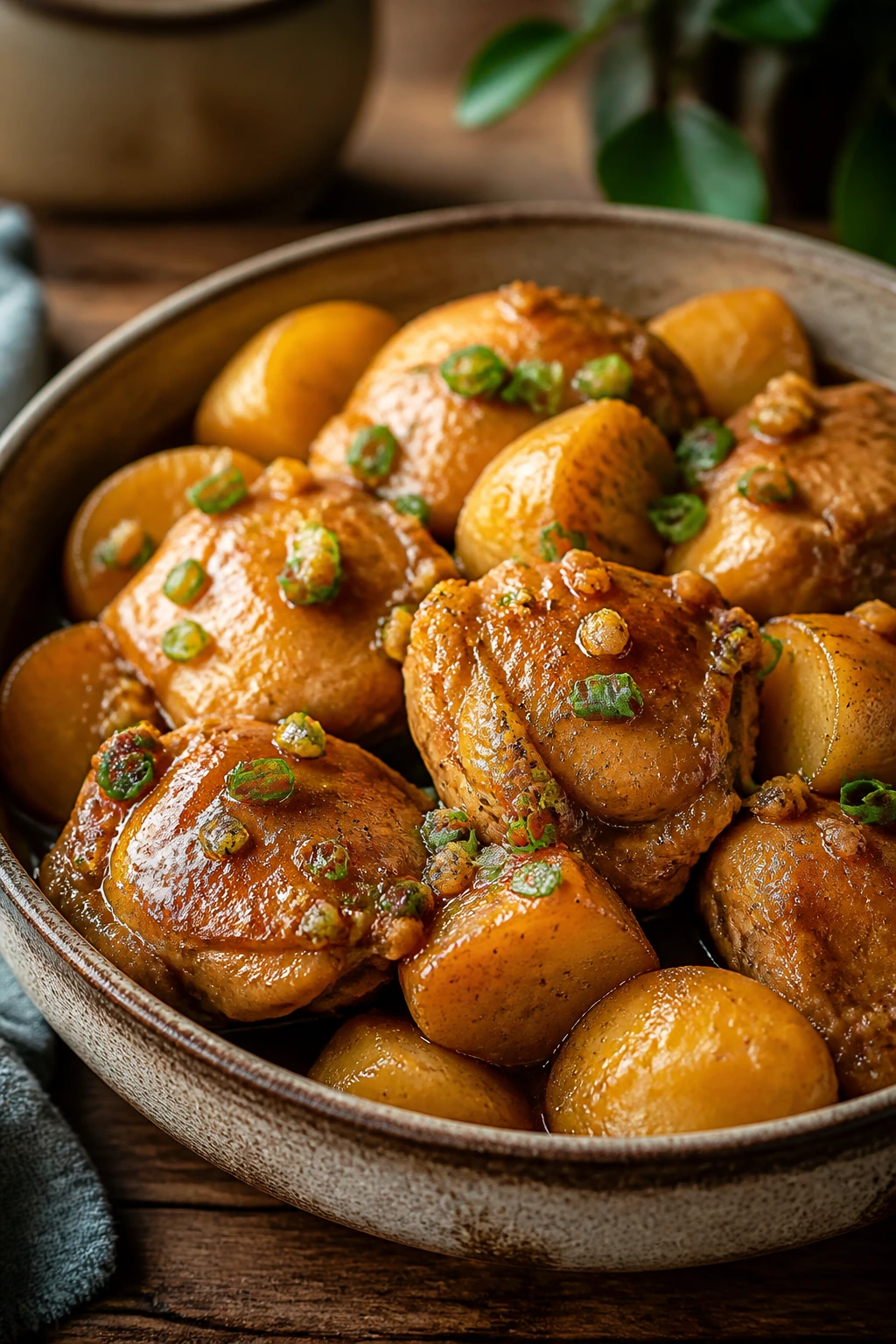Braised chicken thighs and chunky potatoes in soy glaze