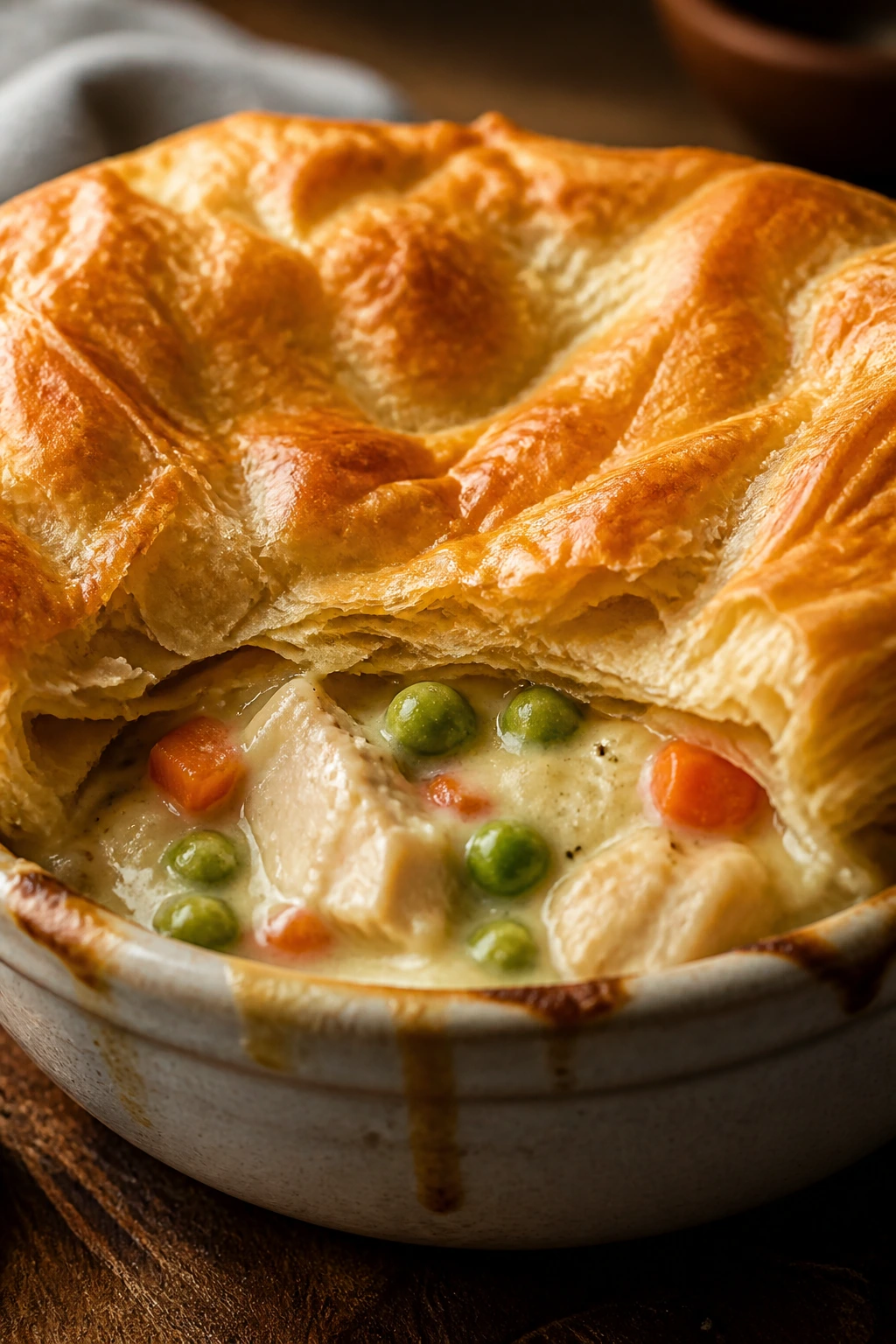 Close-up of puff pastry topped chicken pot pie in a dish