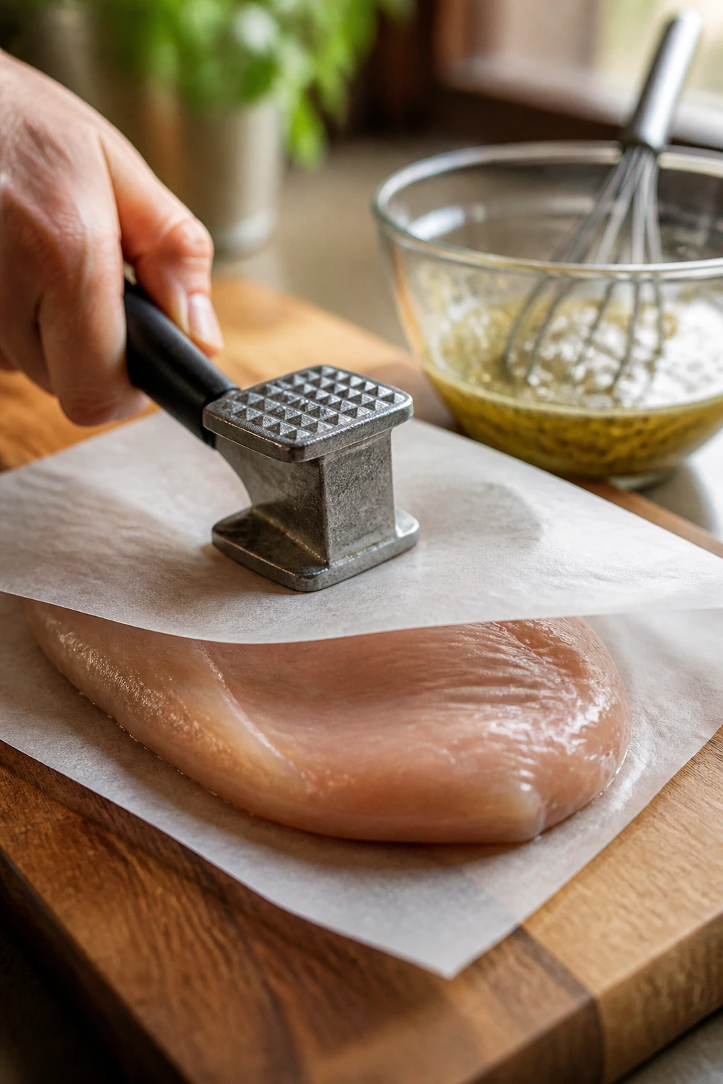 Close-up of chicken being pounded on parchment with dressing in background in a kitchen