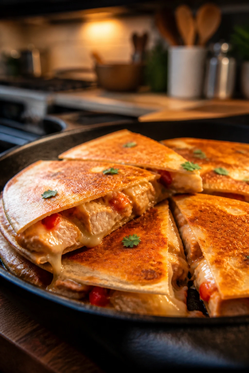 Chicken quesadilla close-up with melted cheese