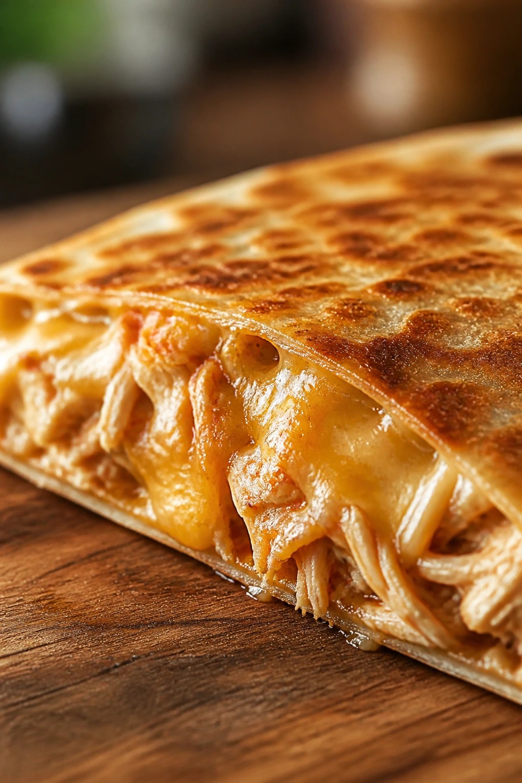 Close-up of a single chicken quesadilla wedge with melted cheese on a wooden board