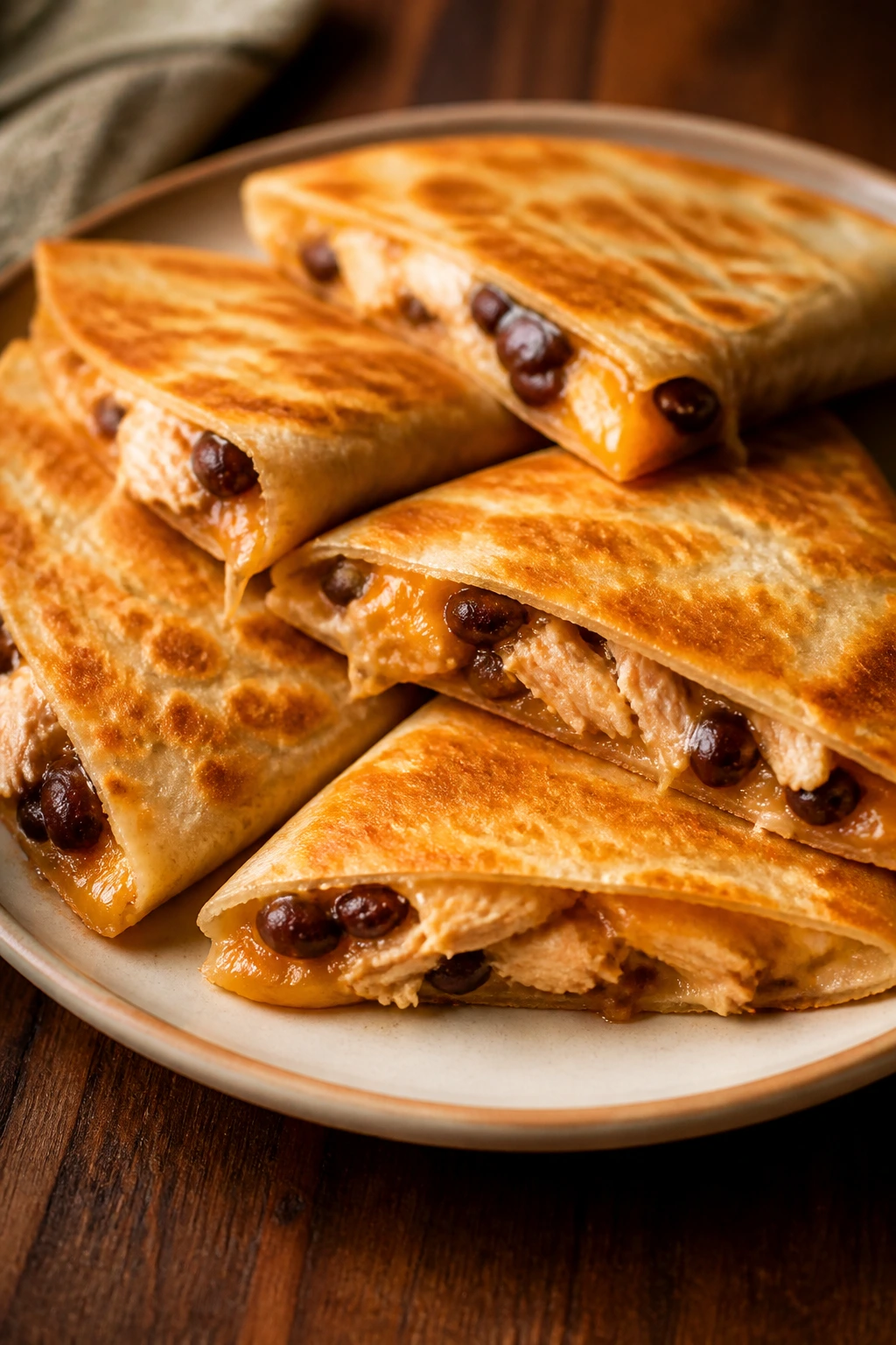 Close-up of chicken quesadilla wedges with melted cheese on a plate