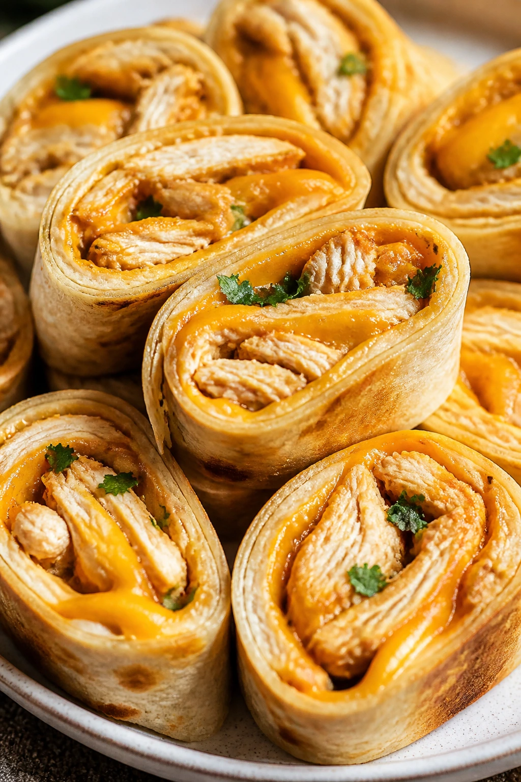 Close-up of chicken quesadilla roll-ups on a plate filling the frame