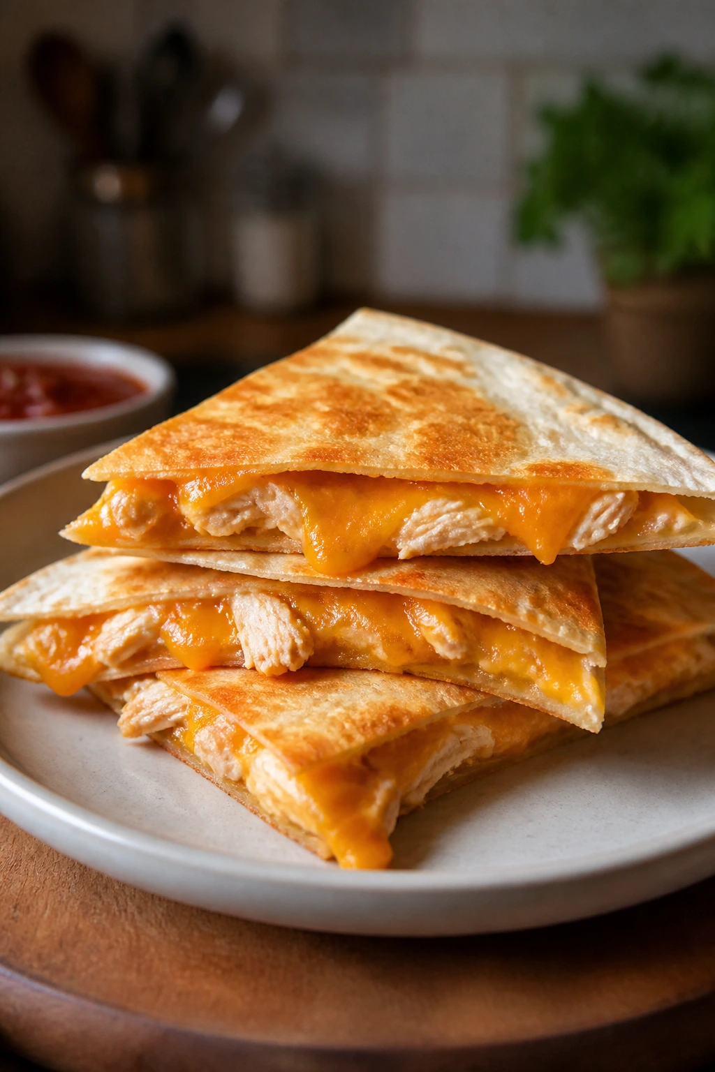 Quesadilla triangles with melted cheese