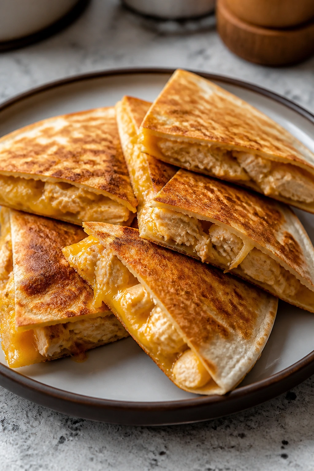 Close-up of chicken quesadilla wedges on a plate