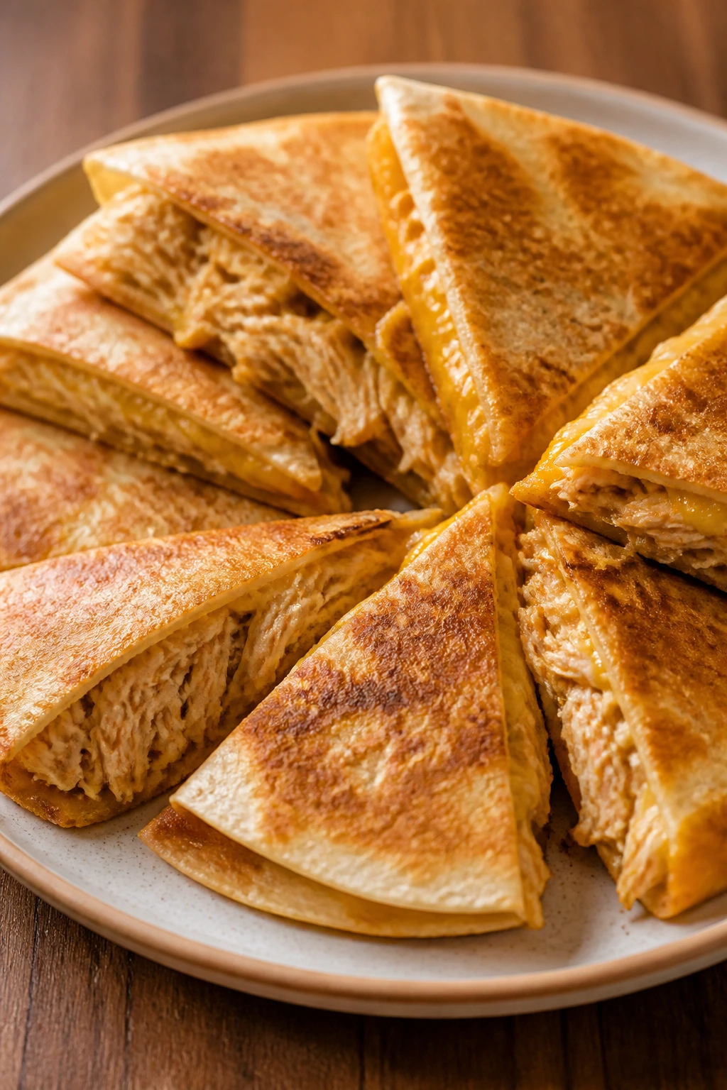 Quesadilla wedges with melted cheese on plate