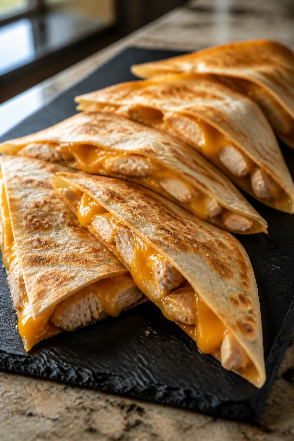 Close-up of quesadilla wedges on slate board with melted cheese and chicken filling.
