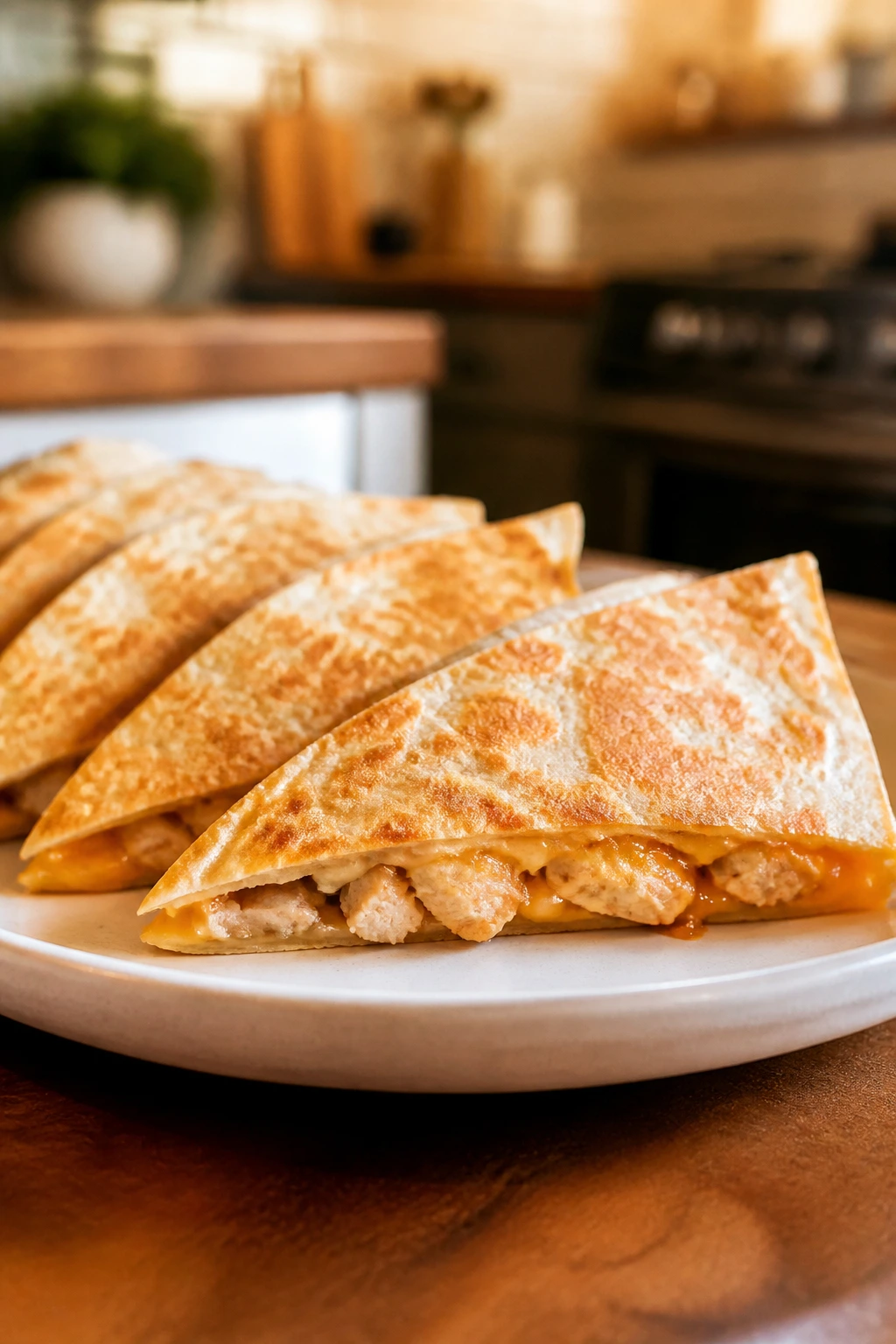 Quesadilla wedges with melted cheese on a plate