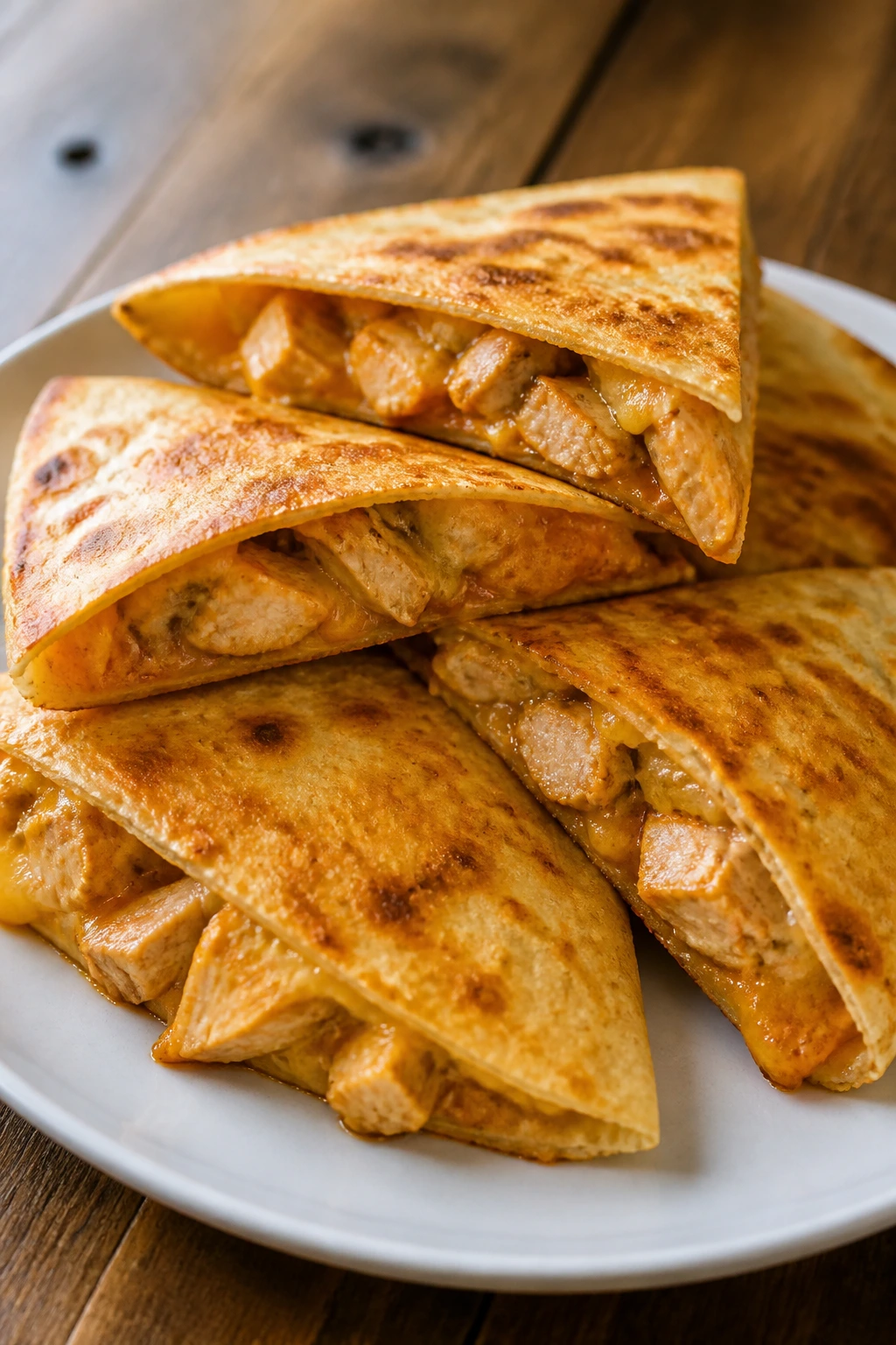 Chicken quesadilla wedges with melted cheese on plate.