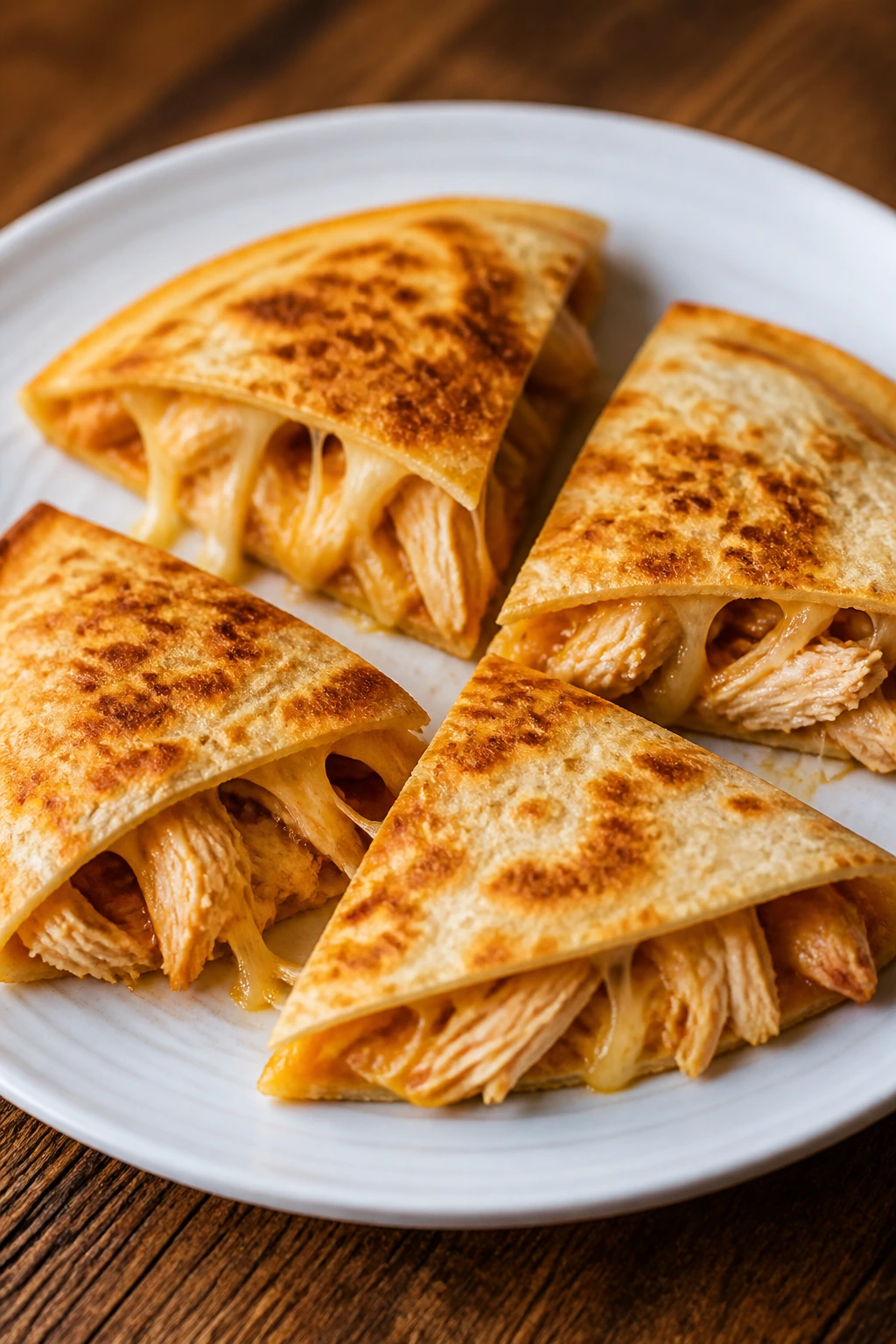 Chicken Quesadilla Wedges on plate with melted cheese and shredded chicken.