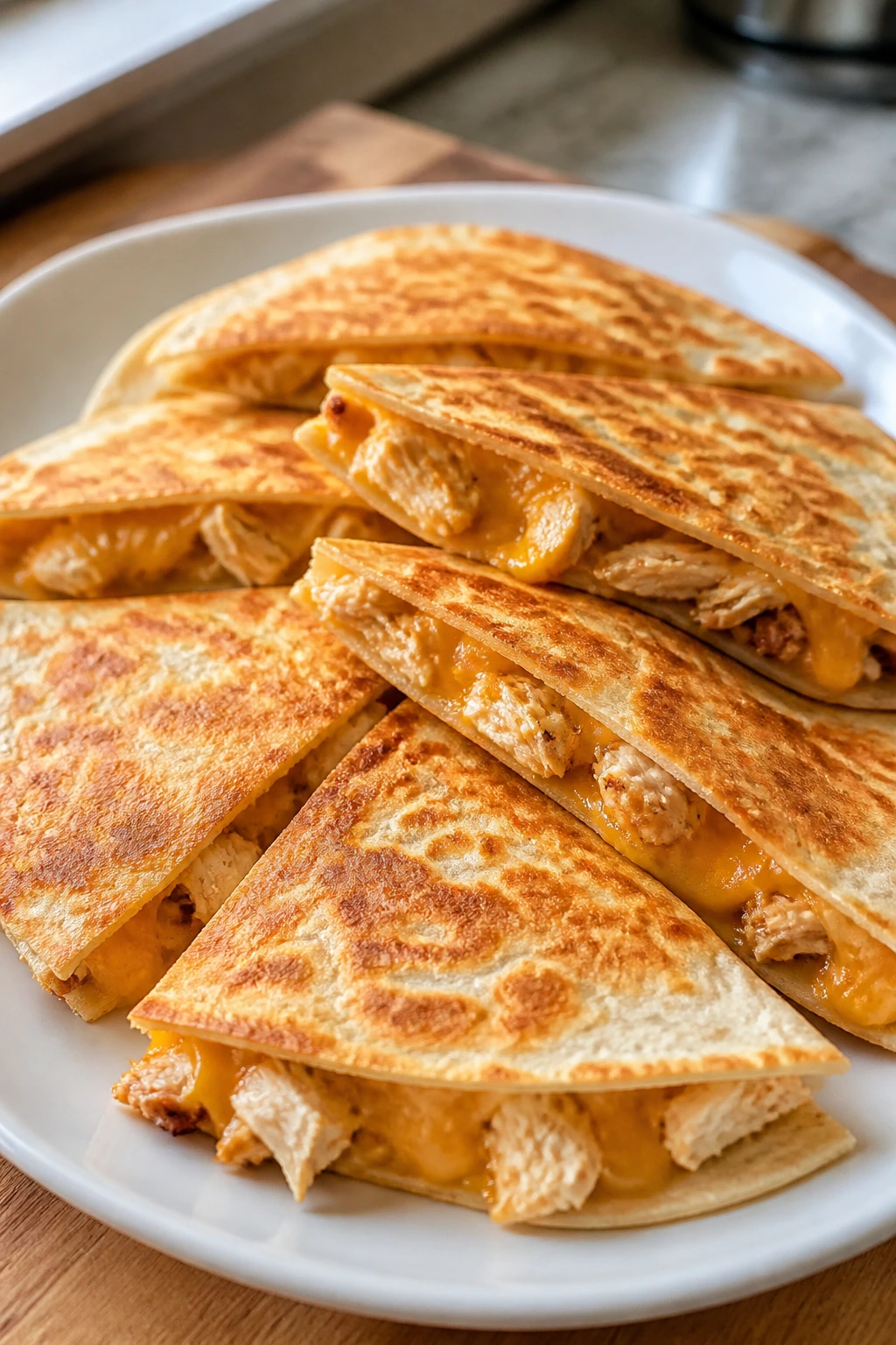 Close-up of chicken quesadilla wedges on plate with melted cheese