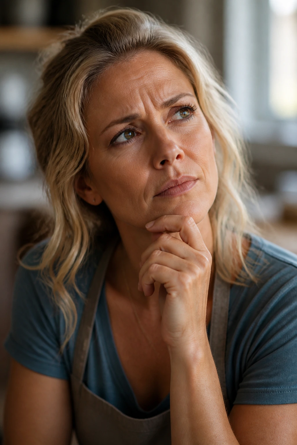 Real person in kitchen with thoughtful expression about crispy chicken