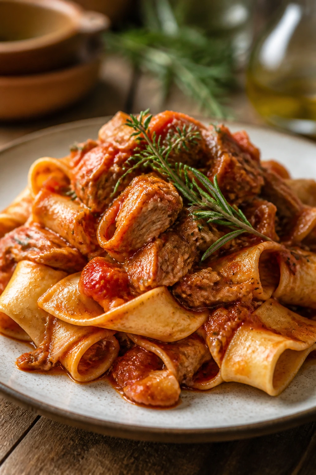 Plate of chicken ragù over pappardelle with tomato sauce