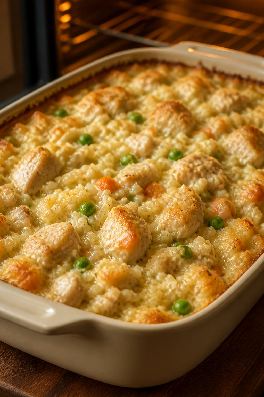 Close-up of chicken and rice bake in a 9x13 dish