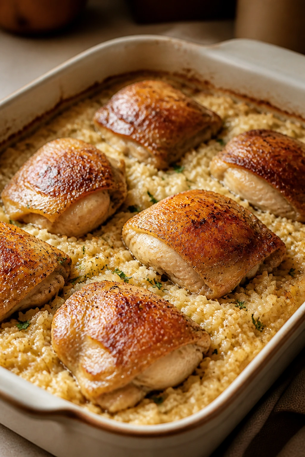 Juicy chicken and rice bake in a baking dish