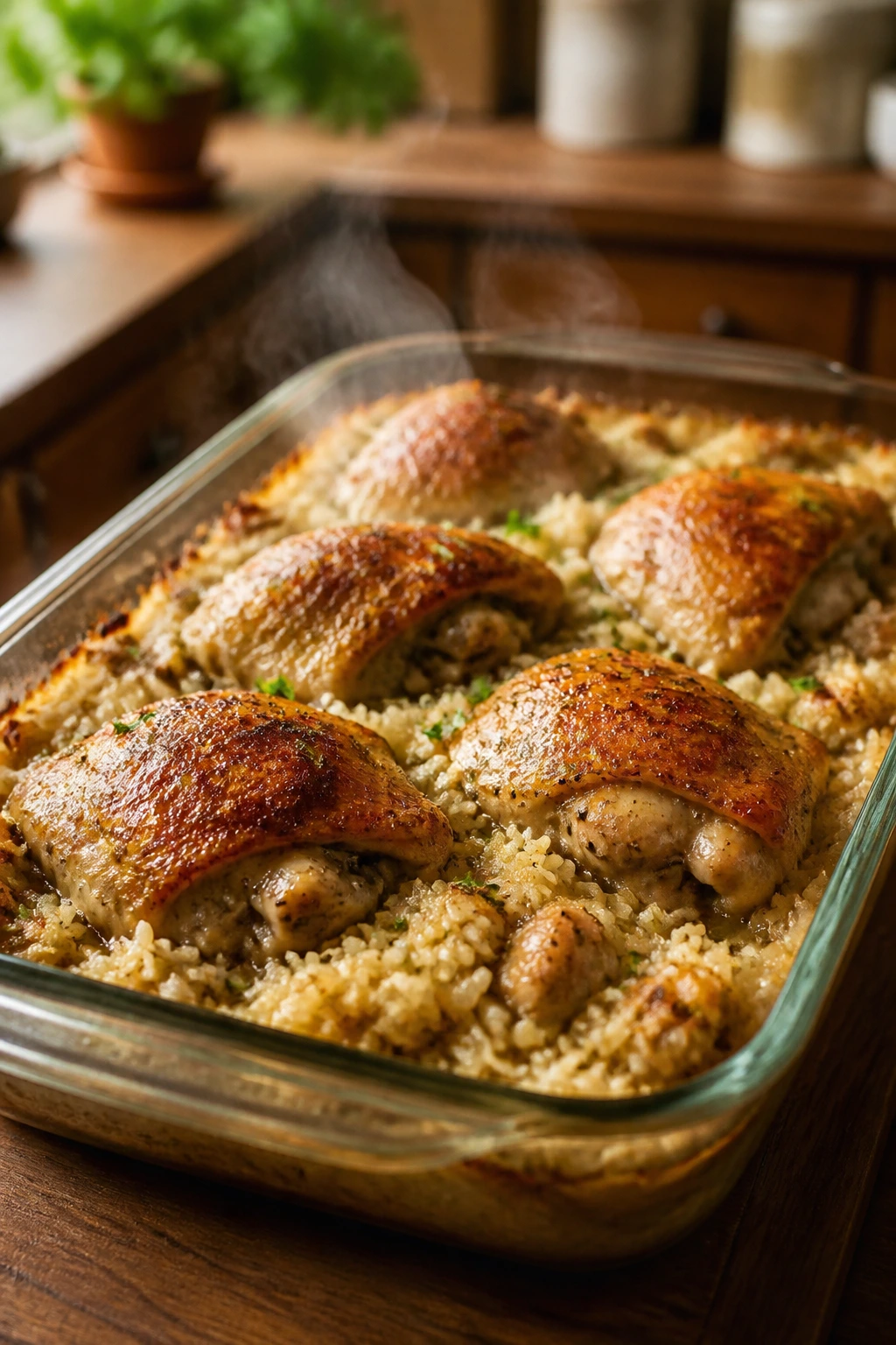Medium close-up of chicken and rice bake in a casserole dish with browned top