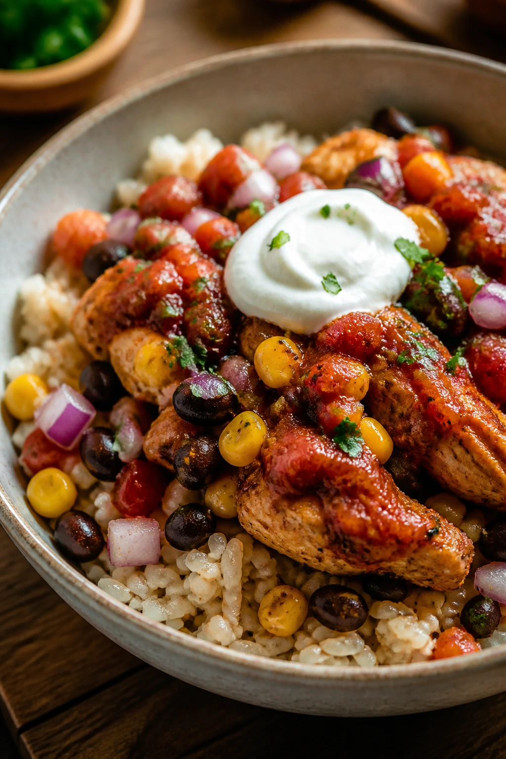 Burrito bowl with chicken, rice, beans and corn