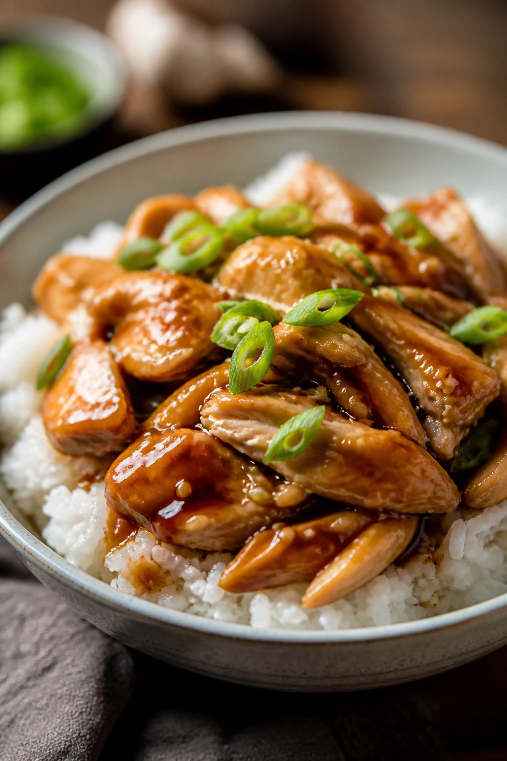 Bowl of chicken over rice with glossy sauce