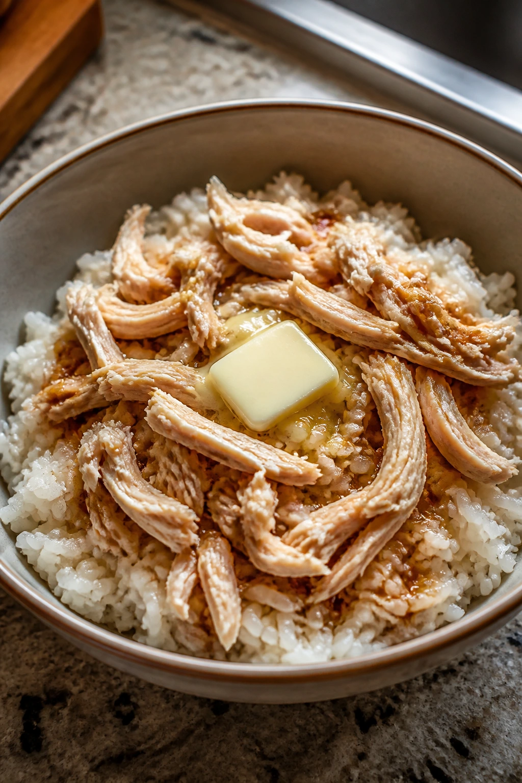Close-up of a chicken and rice recovery bowl