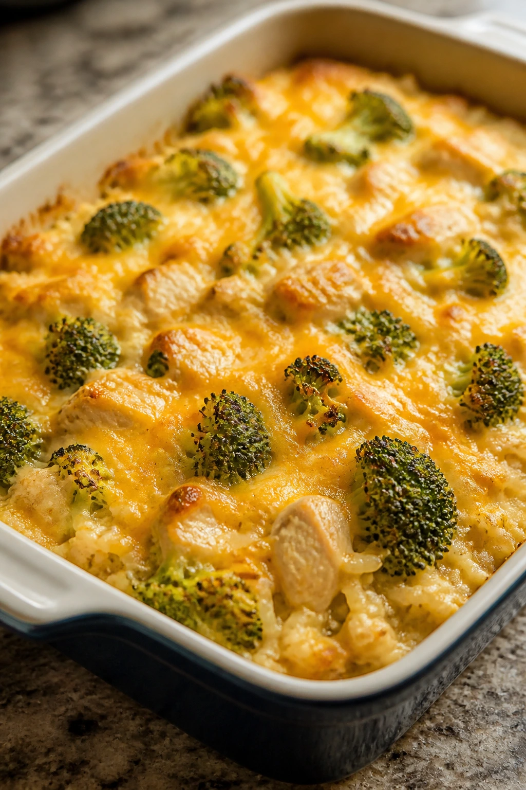 Casserole with chicken, rice, and broccoli in a baking dish.