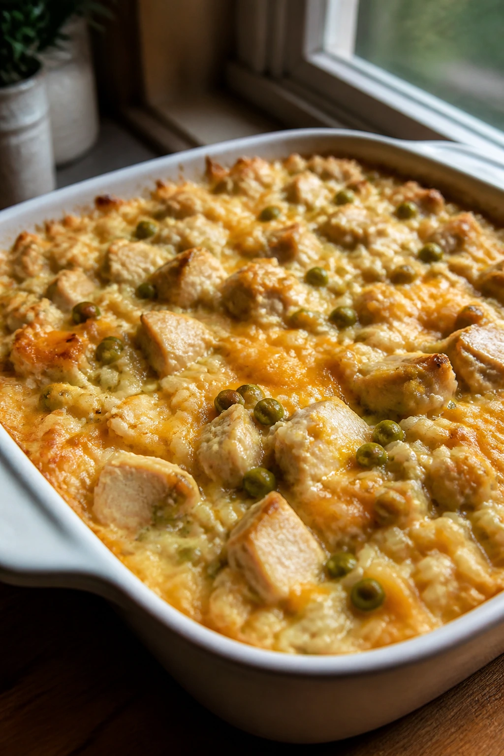 Baking dish with chicken, rice, and peas in a cozy kitchen