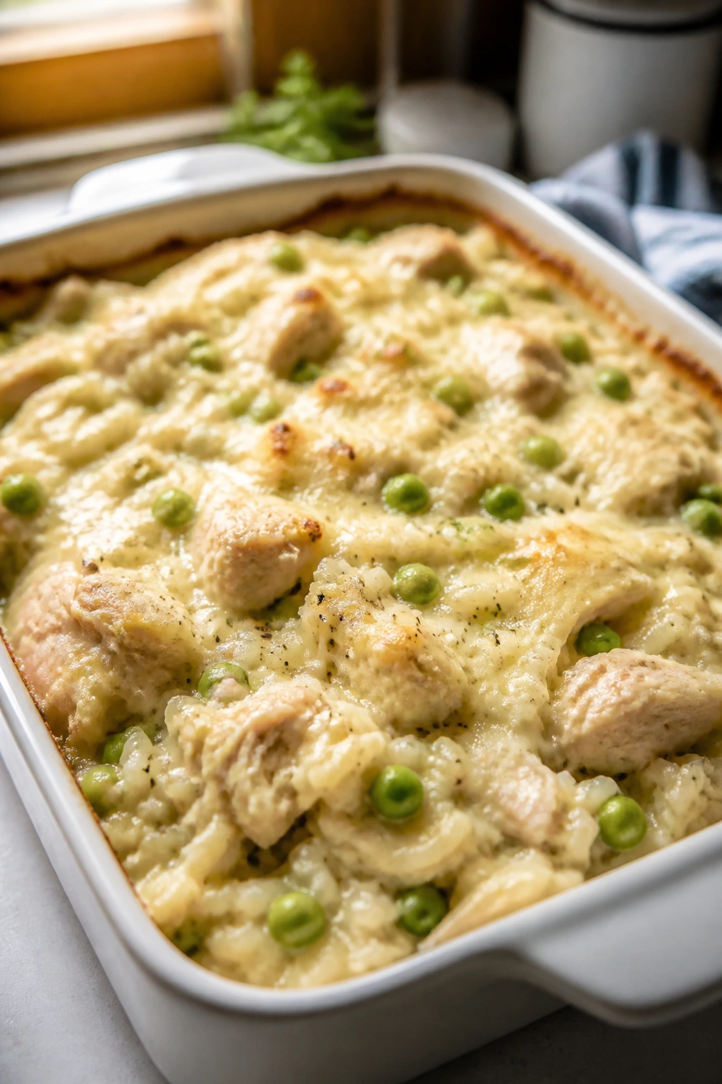 Close-up of creamy chicken and rice casserole with peas in a baking dish