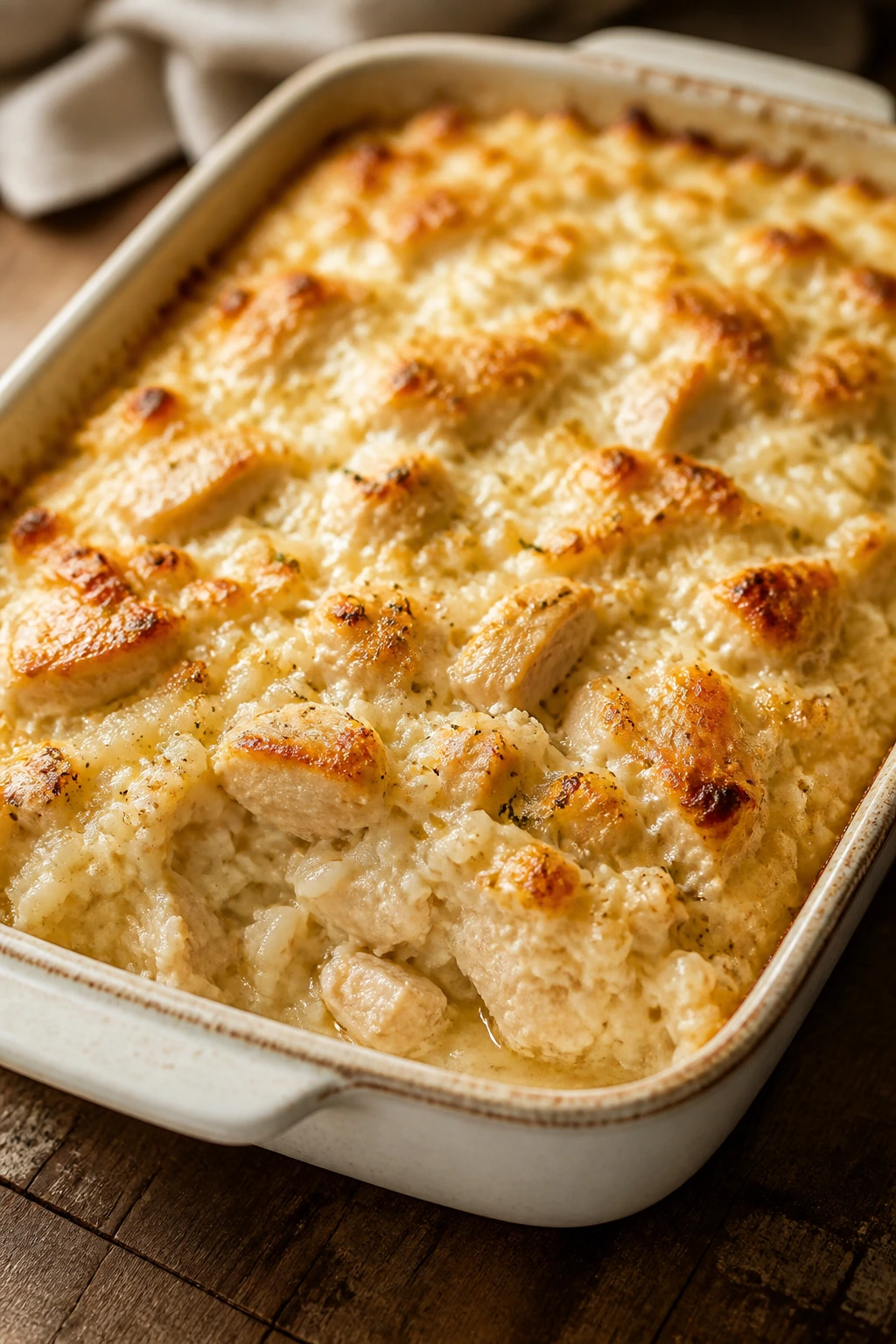 Close-up of creamy chicken and rice casserole with golden crust.