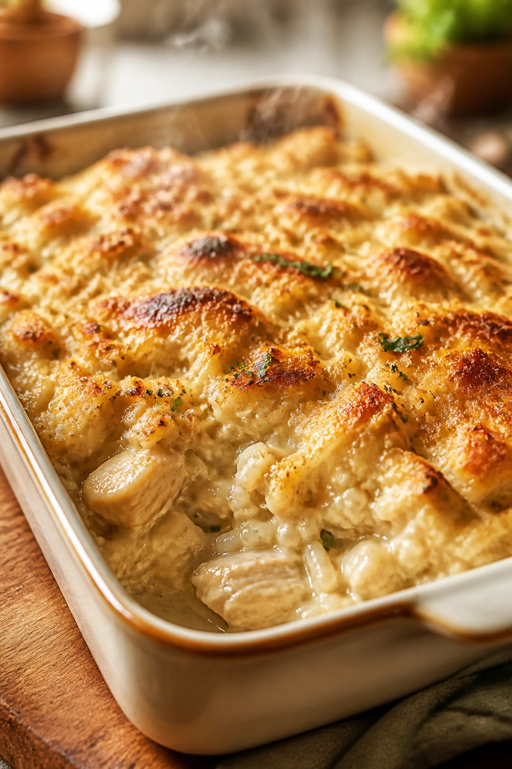 Creamy baked chicken and rice casserole in a pan.
